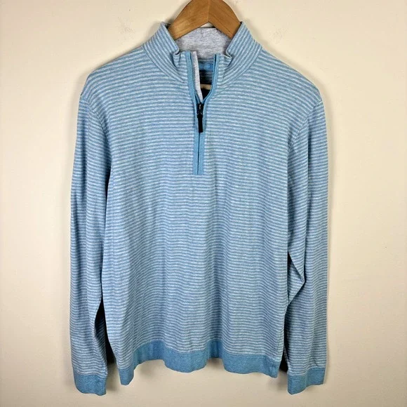 J McLaughlin Womens Sz M Shirt Pullover Striped 1/4 Zip Blue Gray Long Sleeve - Picture 1 of 9